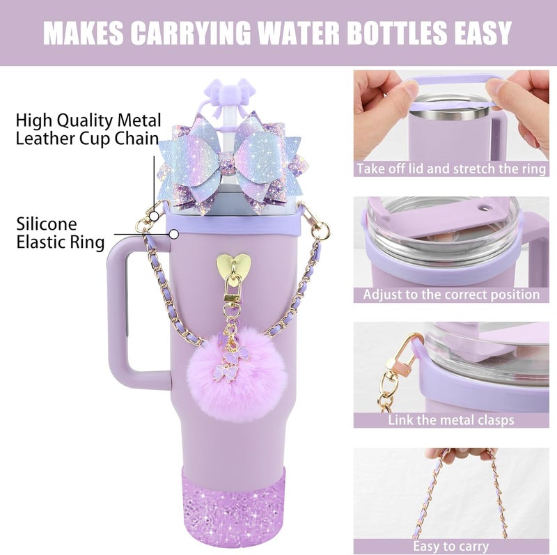 SEMATA Bling Accessories for Stanley Cup 40oz & 30oz Tumbler Including Silicone Cute Bow Straw Topper Cover, Silicone Boot for Stanley Cup,Leather Water Bottle Handle Strap, Charms(Purple) - Image 2